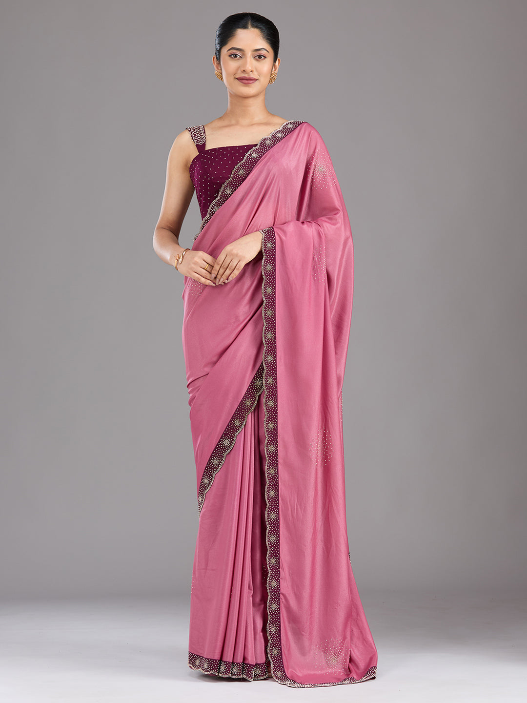 Onion Pink Stonework (Silver) Velvet Saree