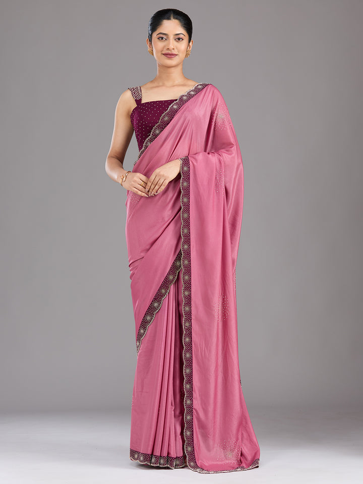 Onion Pink Stonework (Silver) Velvet Saree