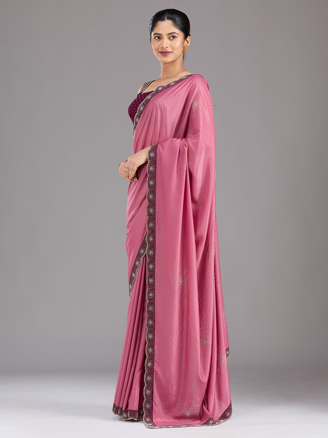 Onion Pink Stonework (Silver) Velvet Saree