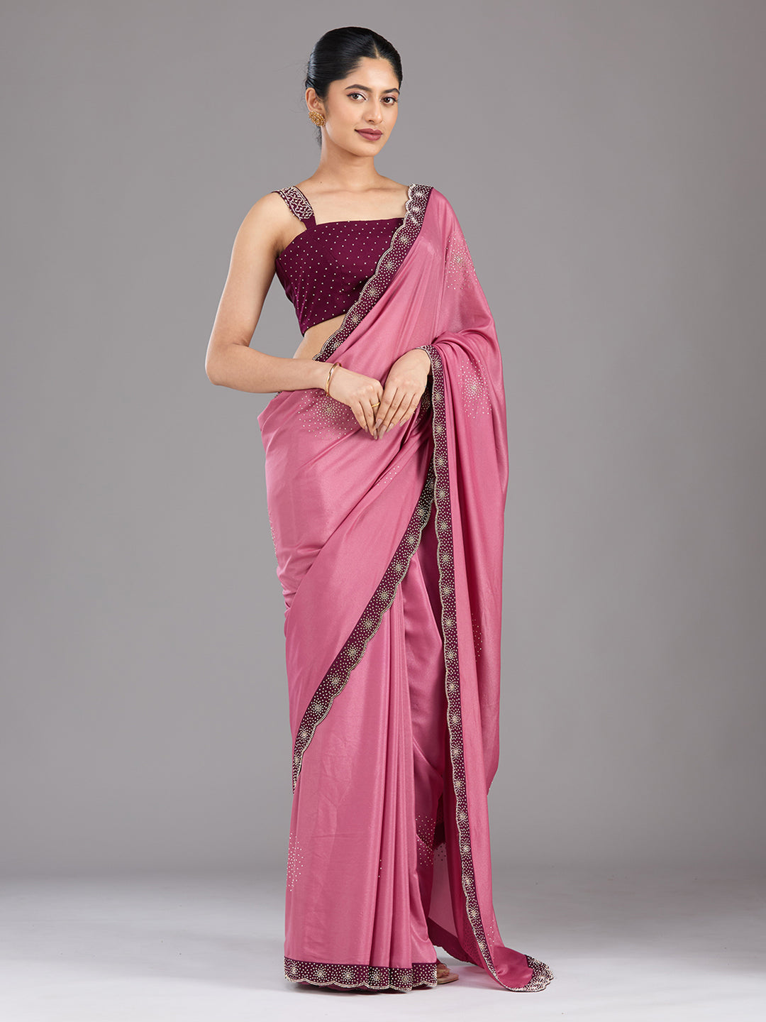 Onion Pink Stonework (Silver) Velvet Saree