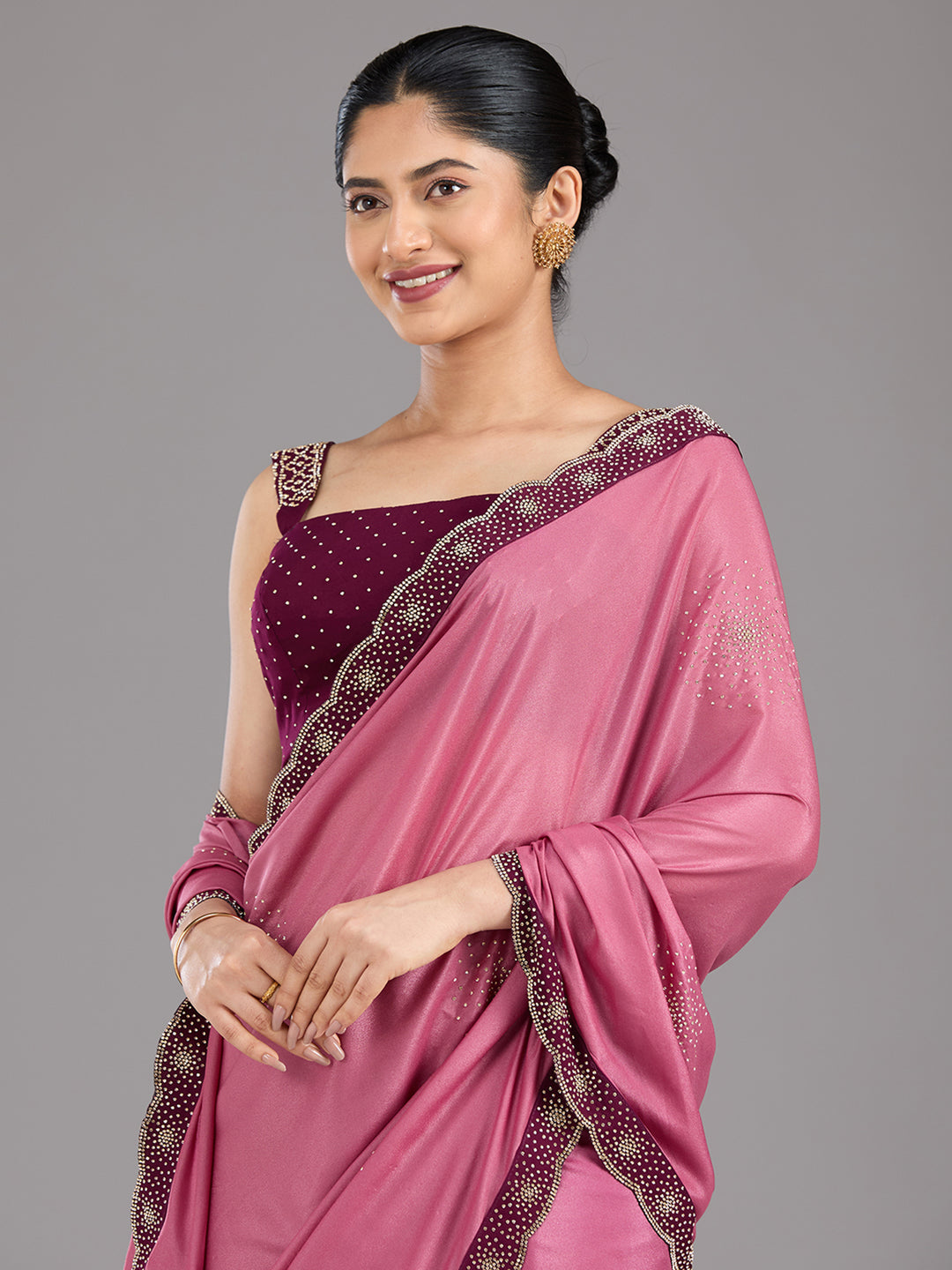 Onion Pink Stonework (Silver) Velvet Saree