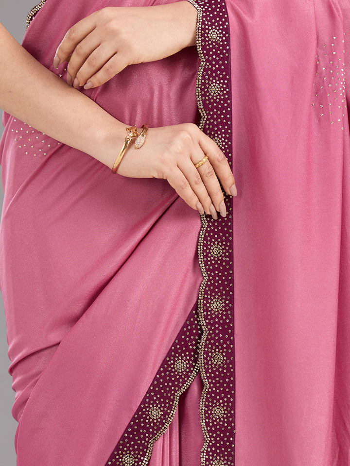 Onion Pink Stonework (Silver) Velvet Saree