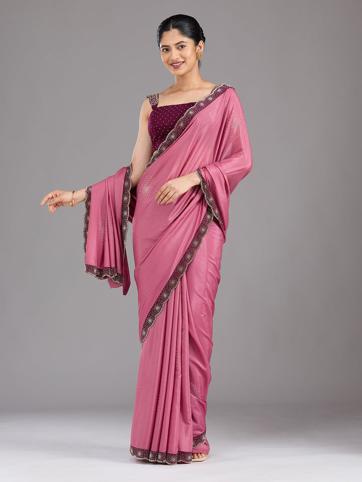 Onion Pink Stonework (Silver) Velvet Saree