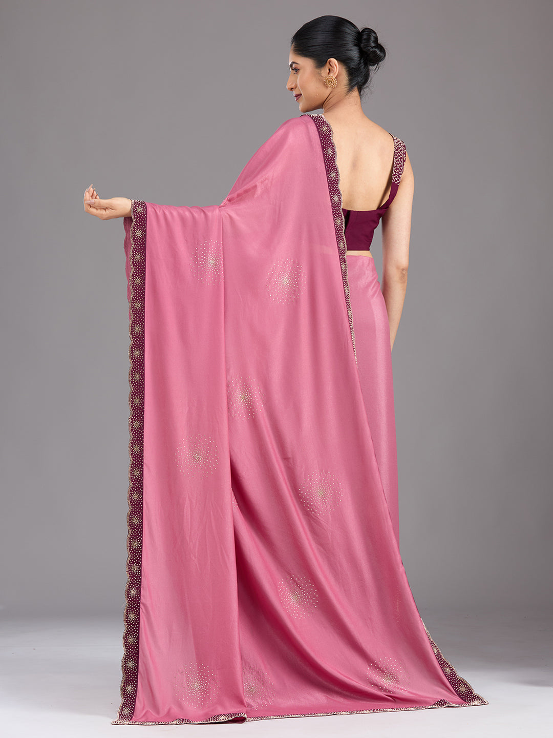 Onion Pink Stonework (Silver) Velvet Saree
