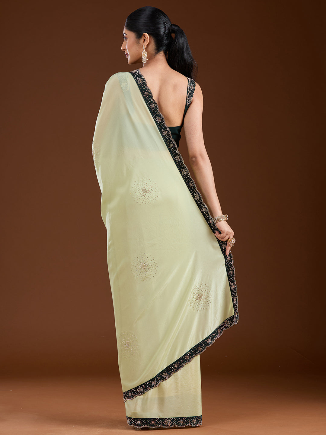 Pista Green Stonework (Silver) Velvet Saree