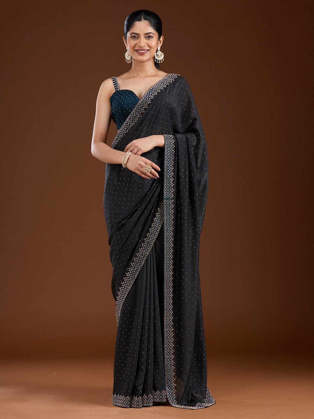 Black Stonework (Silver) Velvet Saree
