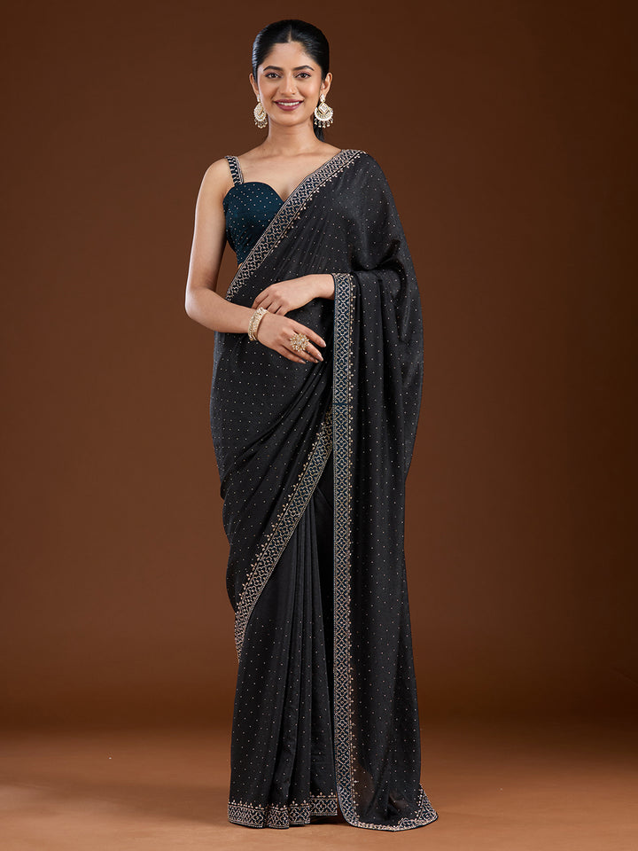 Black Stonework (Silver) Velvet Saree
