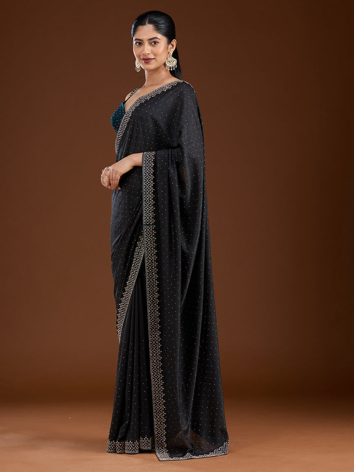 Black Stonework (Silver) Velvet Saree