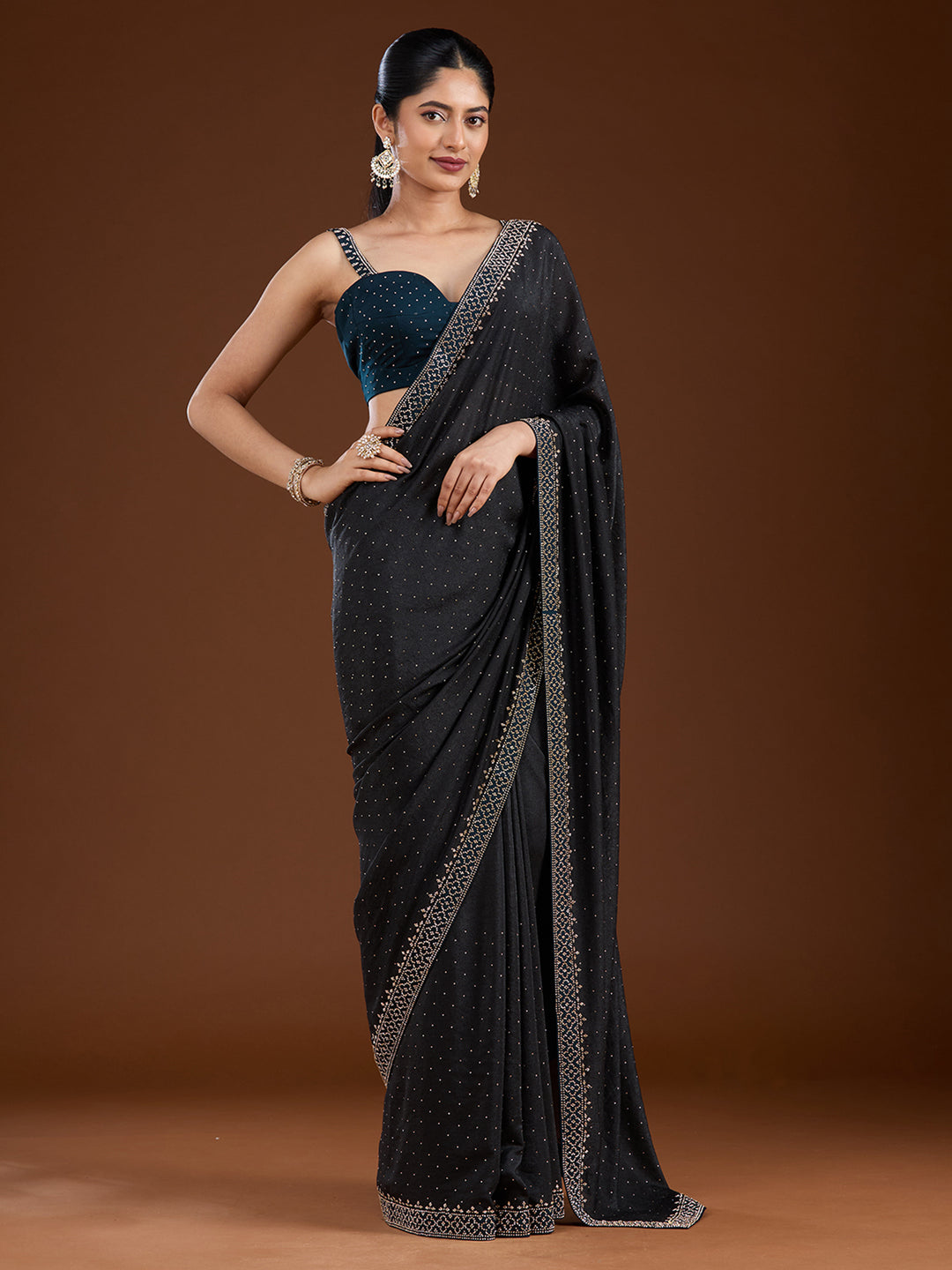 Black Stonework (Silver) Velvet Saree