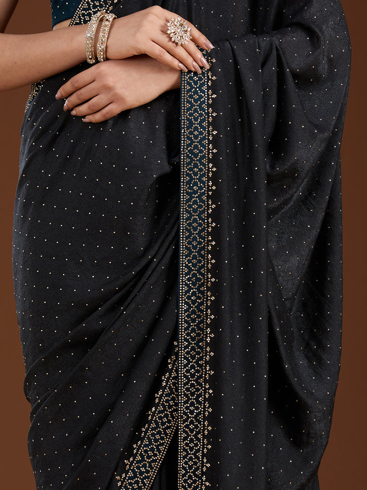 Black Stonework (Silver) Velvet Saree