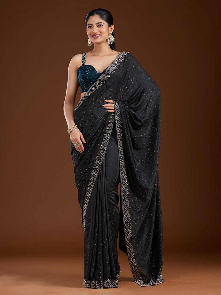 Black Stonework (Silver) Velvet Saree