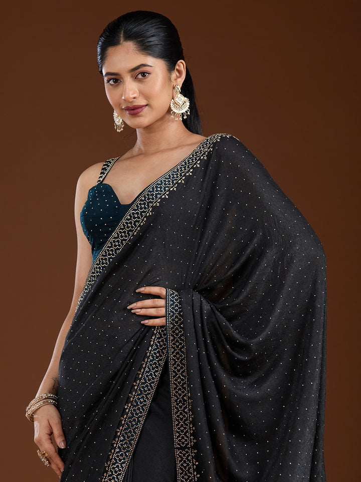 Black Stonework (Silver) Velvet Saree