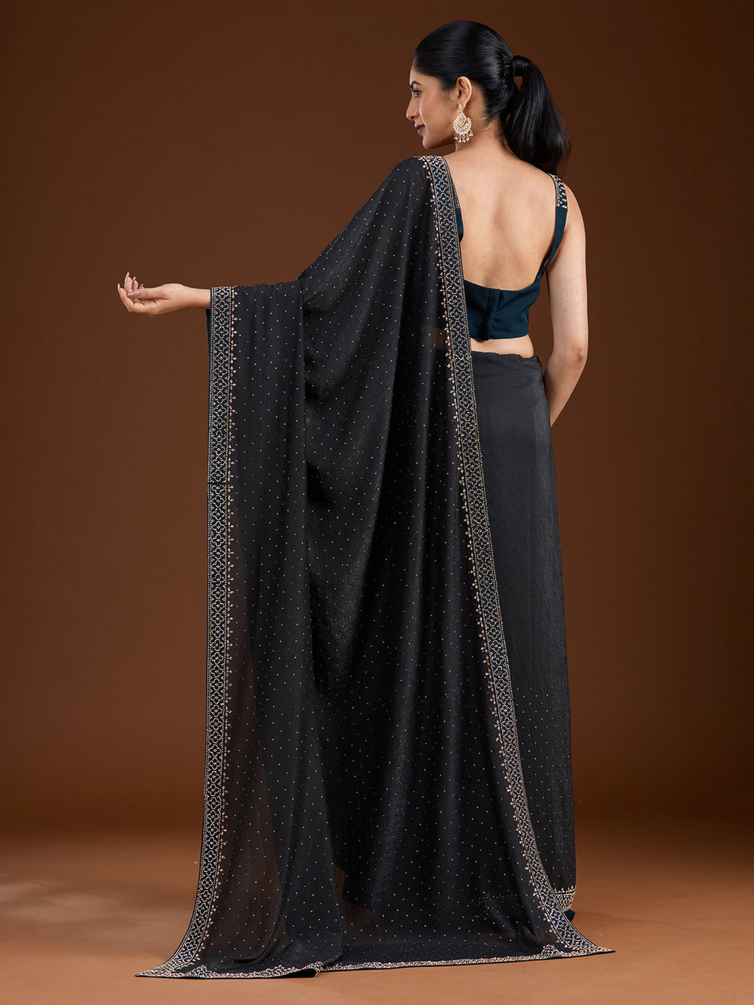 Black Stonework (Silver) Velvet Saree