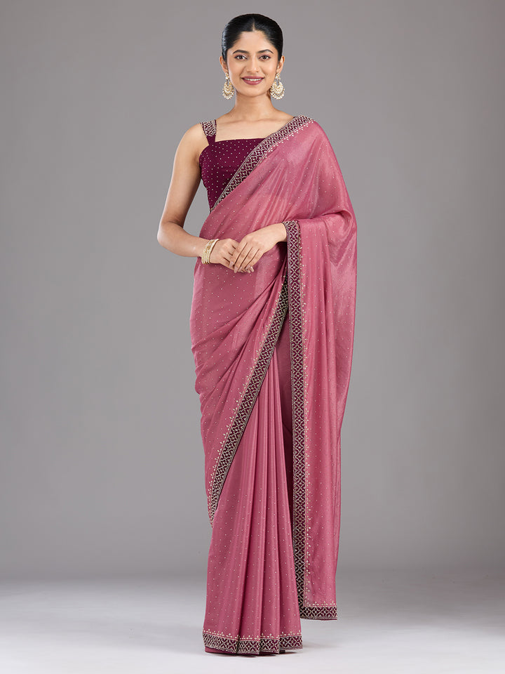 Onion Pink Stonework (Silver) Velvet Saree