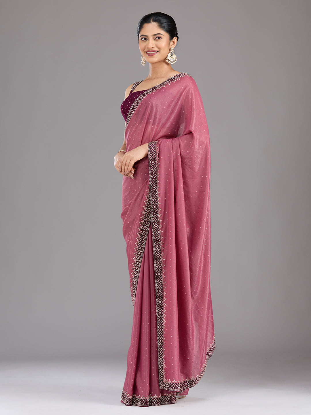 Onion Pink Stonework (Silver) Velvet Saree