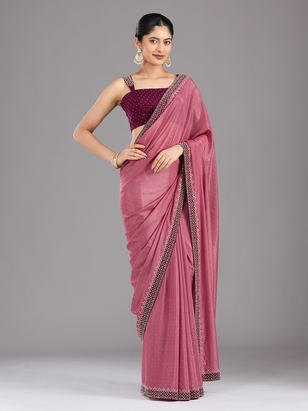 Onion Pink Stonework (Silver) Velvet Saree