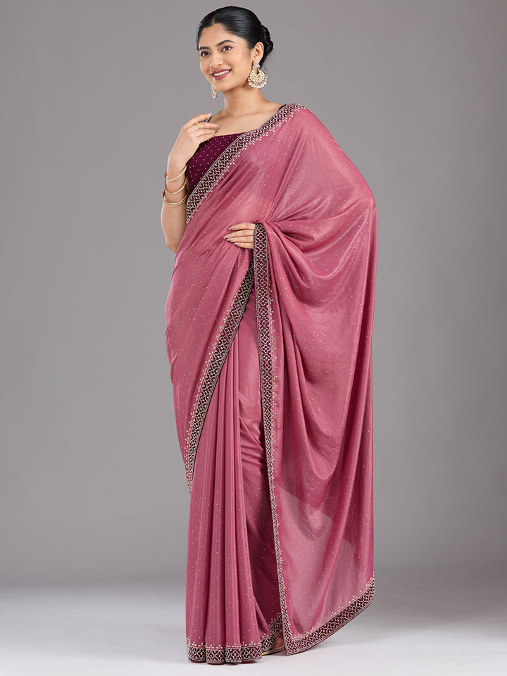 Onion Pink Stonework (Silver) Velvet Saree