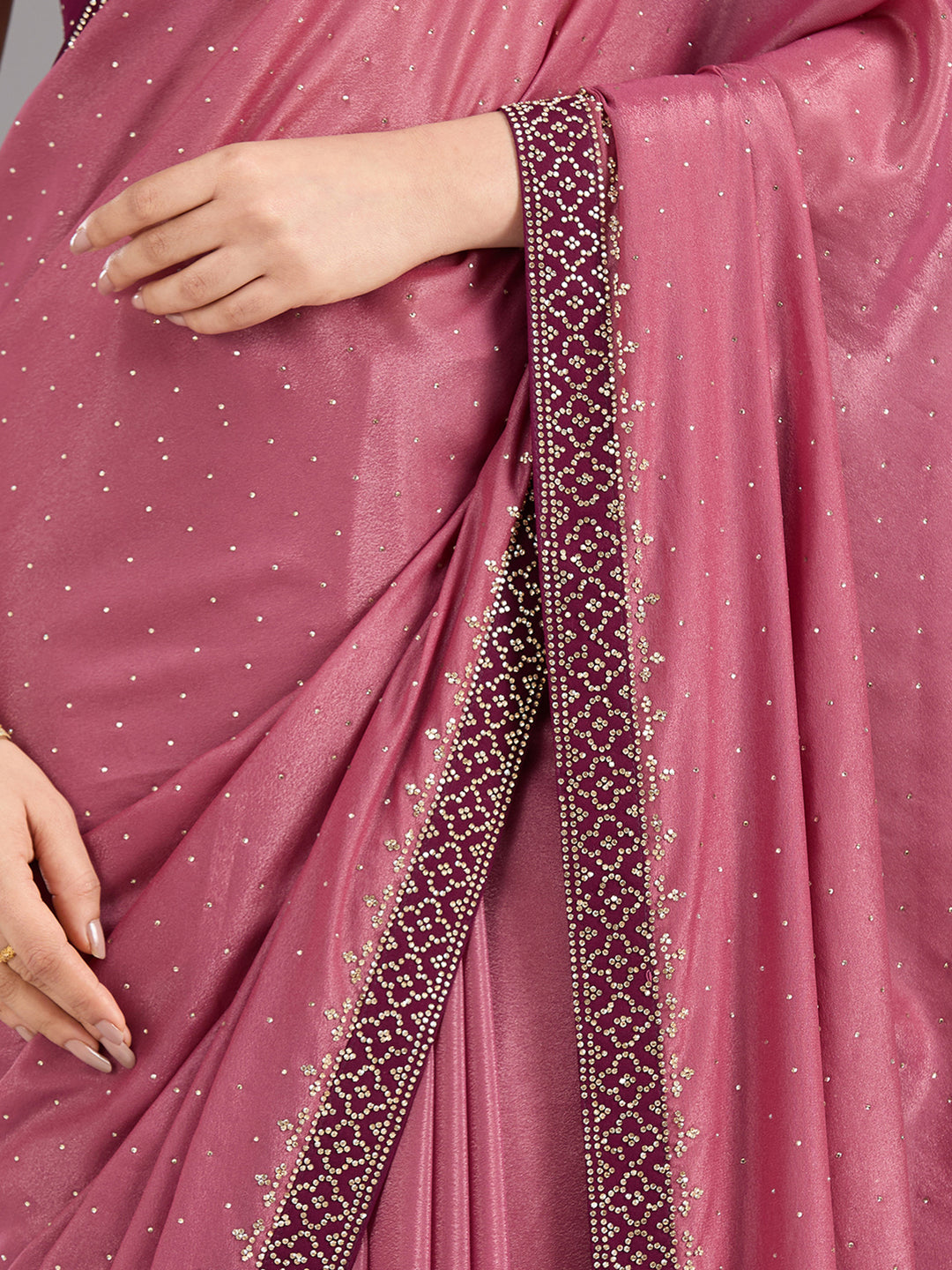 Onion Pink Stonework (Silver) Velvet Saree