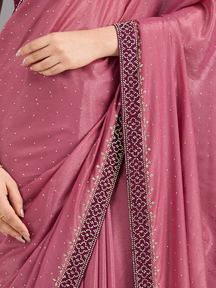 Onion Pink Stonework (Silver) Velvet Saree