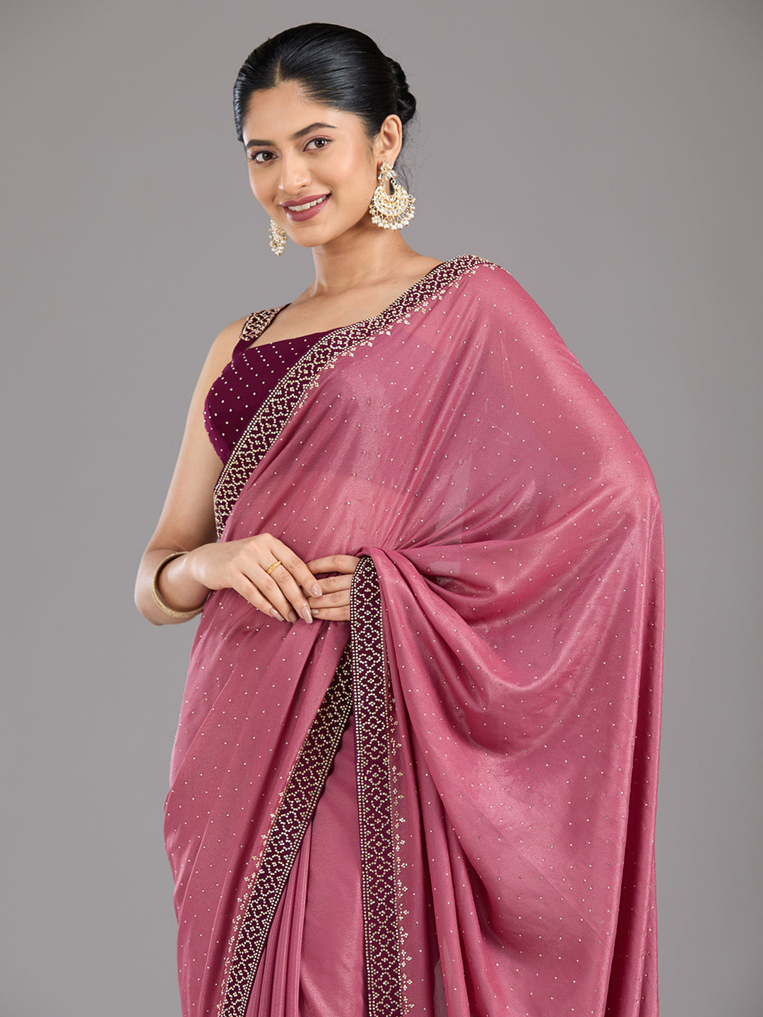 Onion Pink Stonework (Silver) Velvet Saree