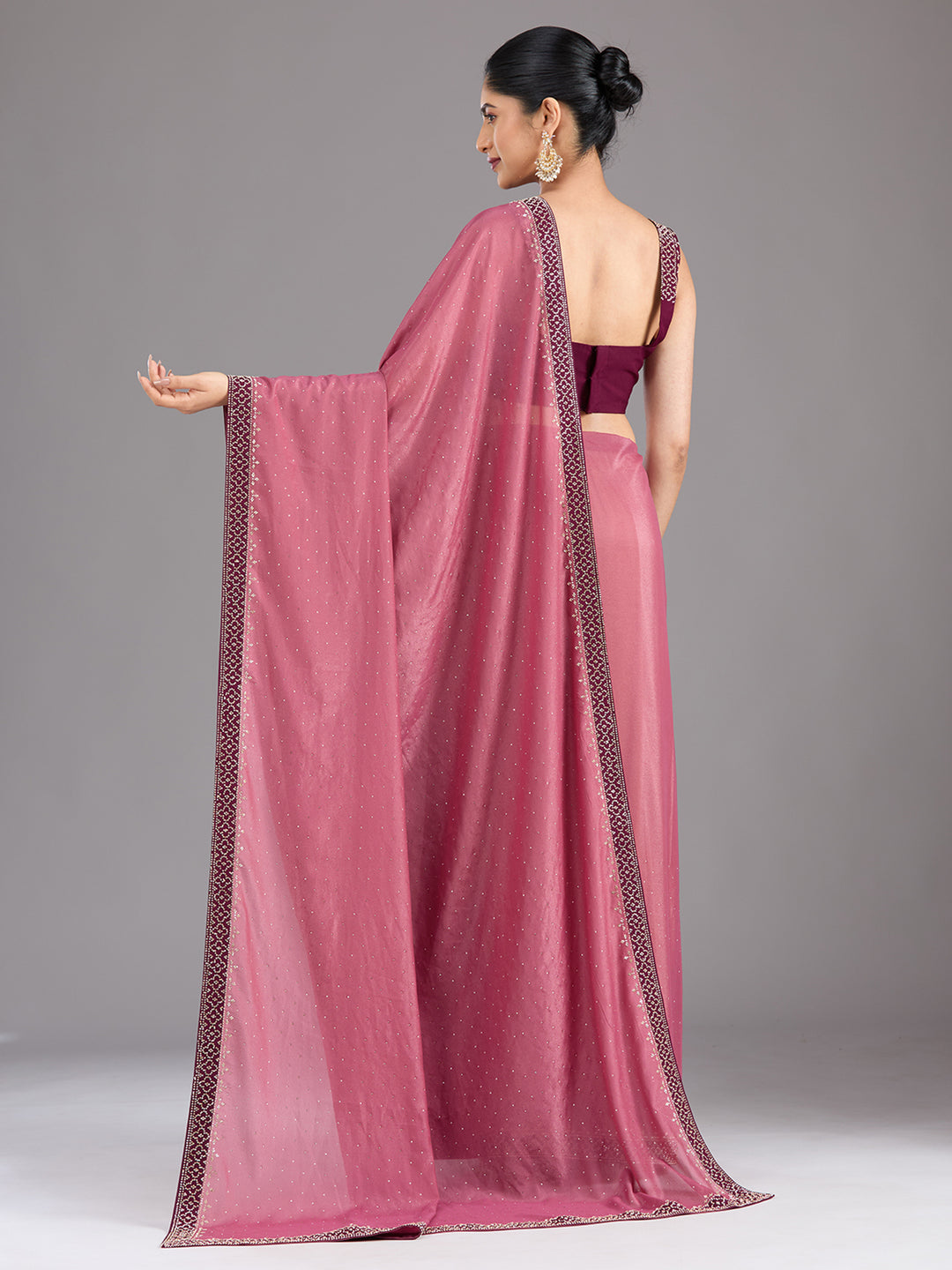 Onion Pink Stonework (Silver) Velvet Saree