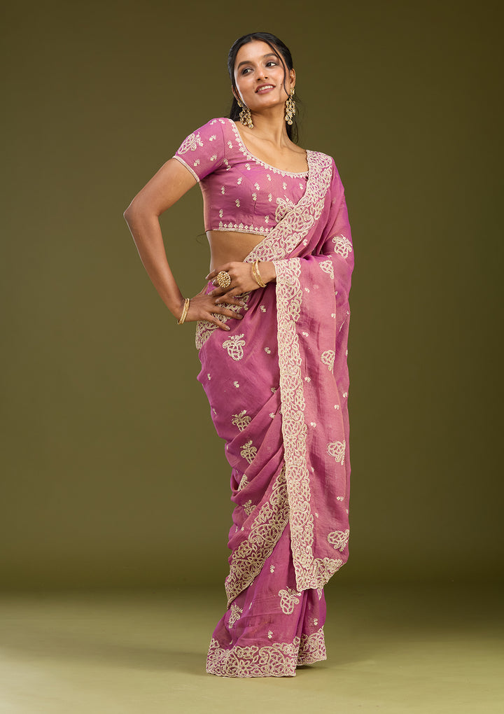 Onion Pink Zariwork (Silver) Tissue Saree