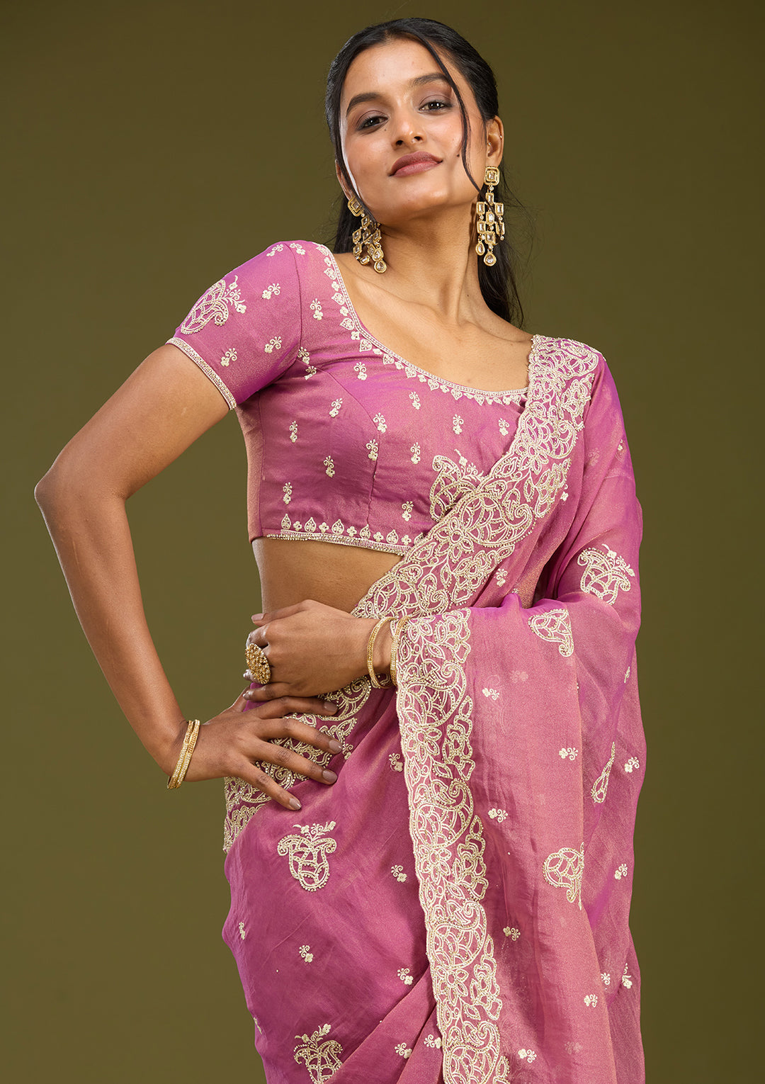 Onion Pink Zariwork (Silver) Tissue Saree