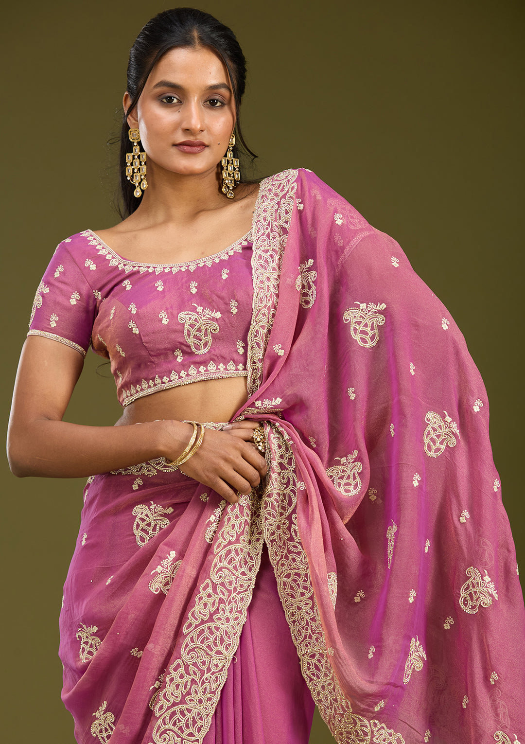 Onion Pink Zariwork (Silver) Tissue Saree