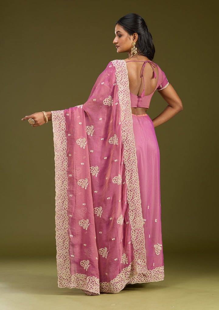 Onion Pink Zariwork (Silver) Tissue Saree