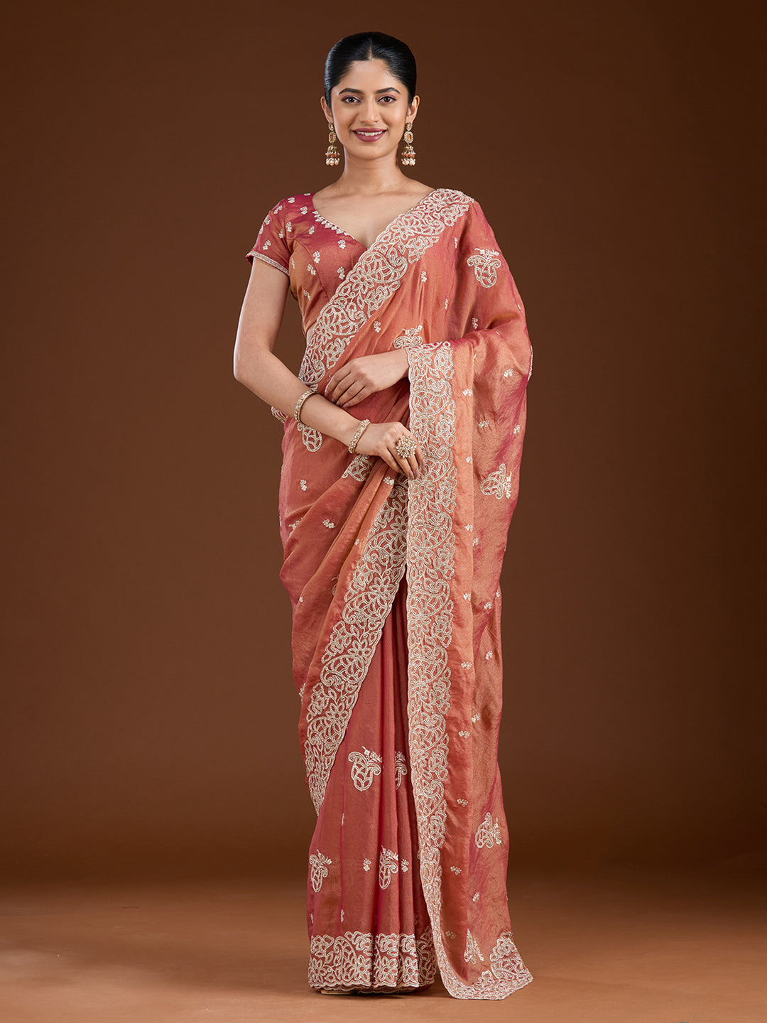 Rust Zariwork (Silver) Tissue Saree