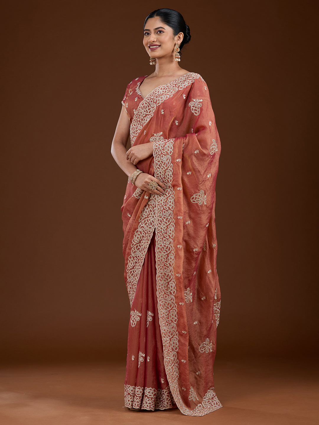 Rust Zariwork (Silver) Tissue Saree