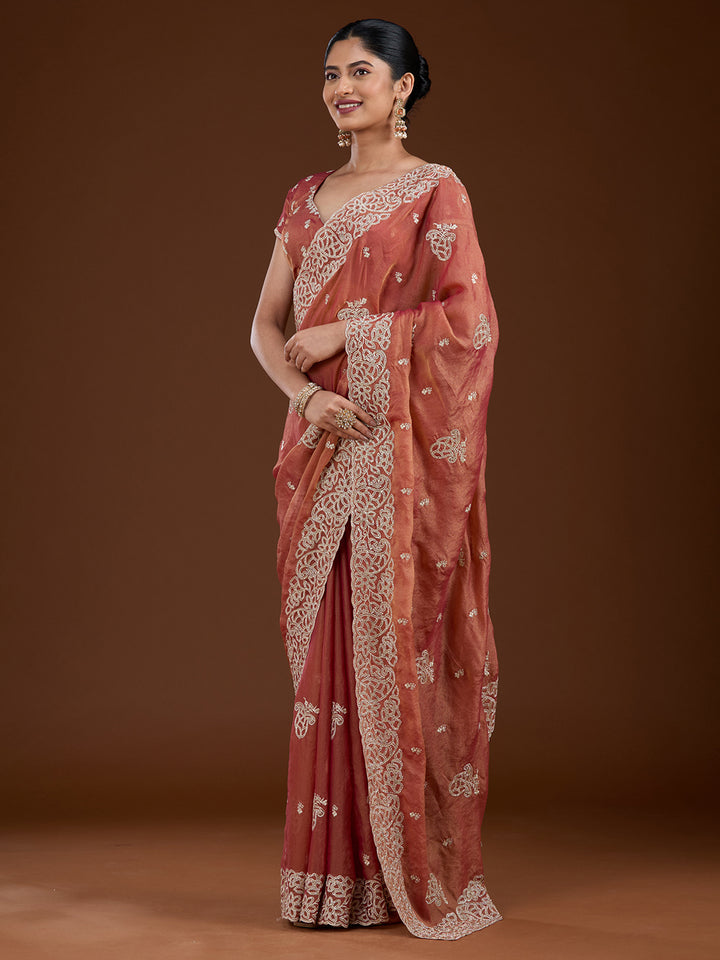 Rust Zariwork (Silver) Tissue Saree