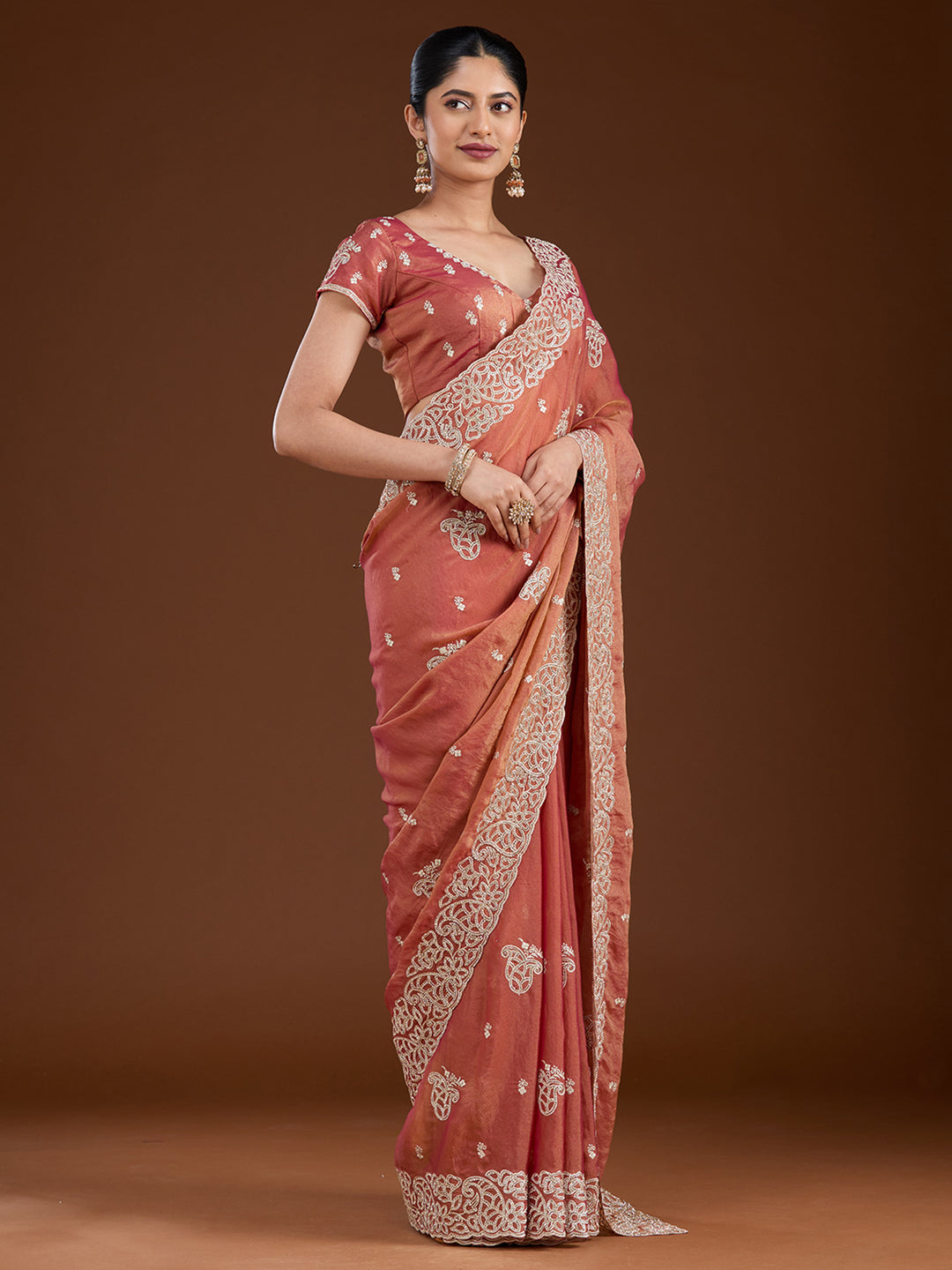 Rust Zariwork (Silver) Tissue Saree