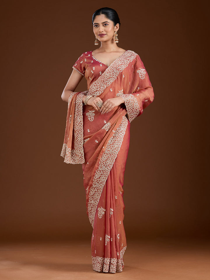 Rust Zariwork (Silver) Tissue Saree