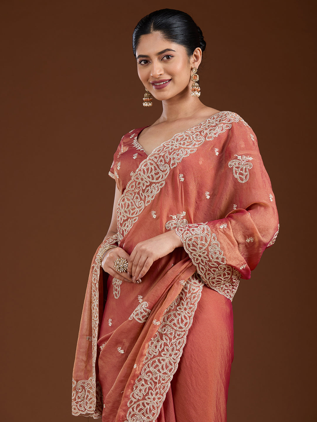 Rust Zariwork (Silver) Tissue Saree