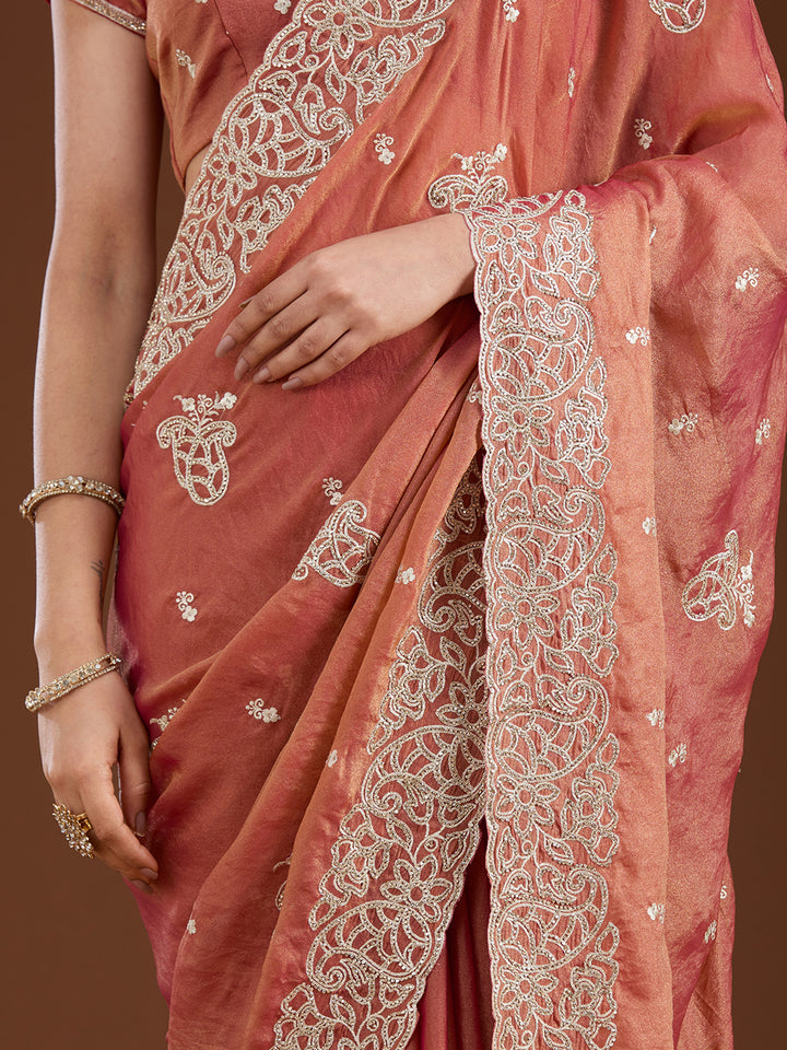 Rust Zariwork (Silver) Tissue Saree