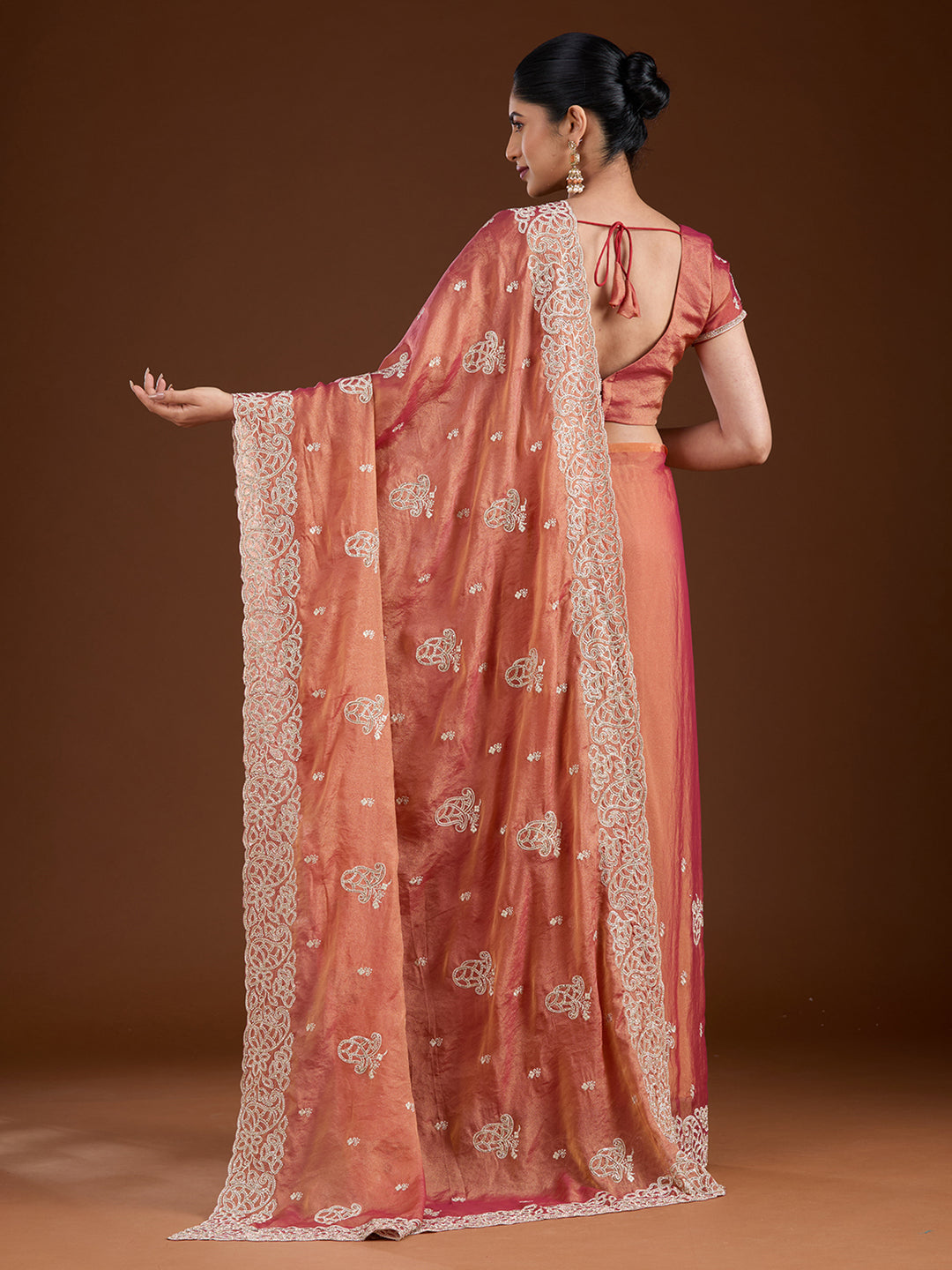 Rust Zariwork (Silver) Tissue Saree