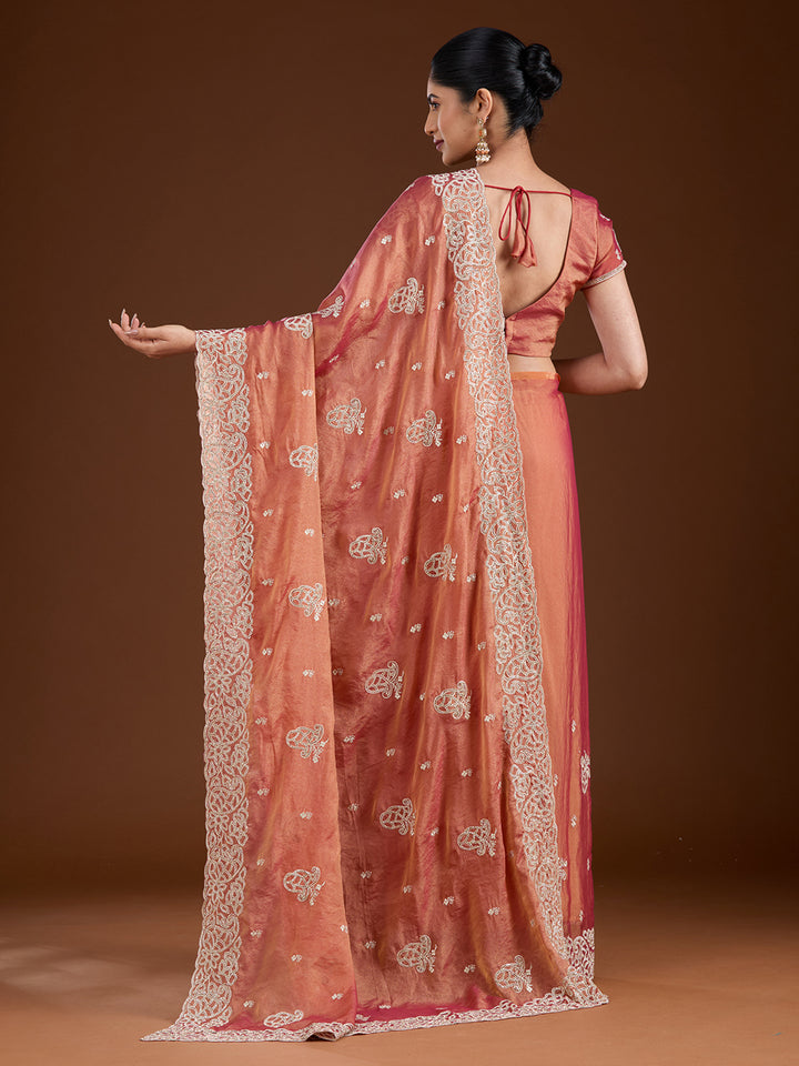 Rust Zariwork (Silver) Tissue Saree