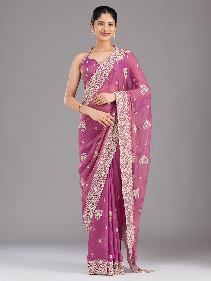 Wine Zariwork (Silver) Tissue Saree