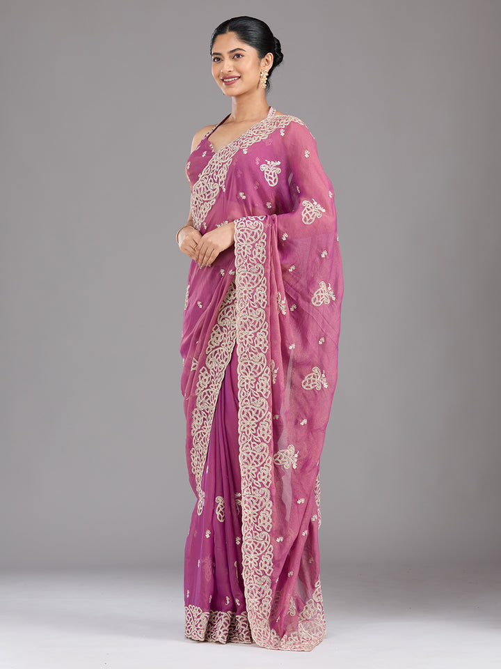 Wine Zariwork (Silver) Tissue Saree