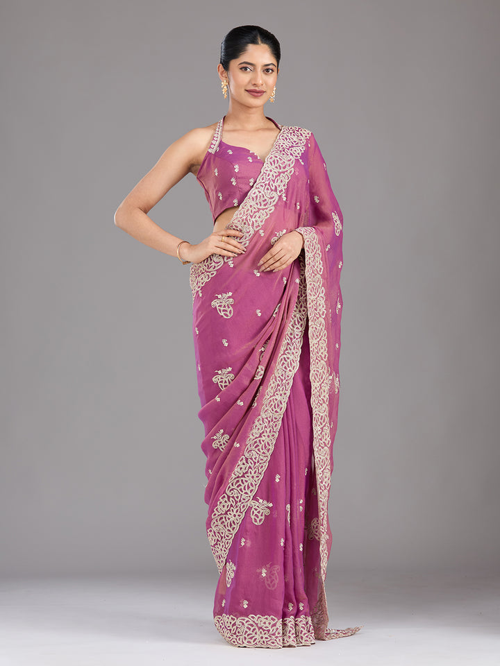 Wine Zariwork (Silver) Tissue Saree