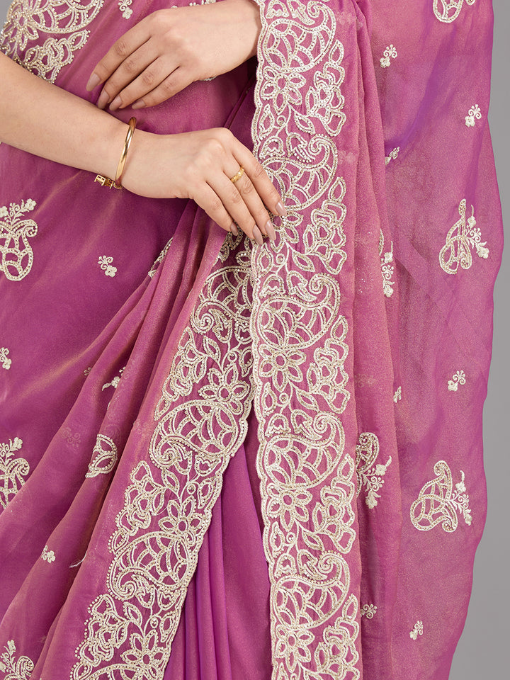 Wine Zariwork (Silver) Tissue Saree