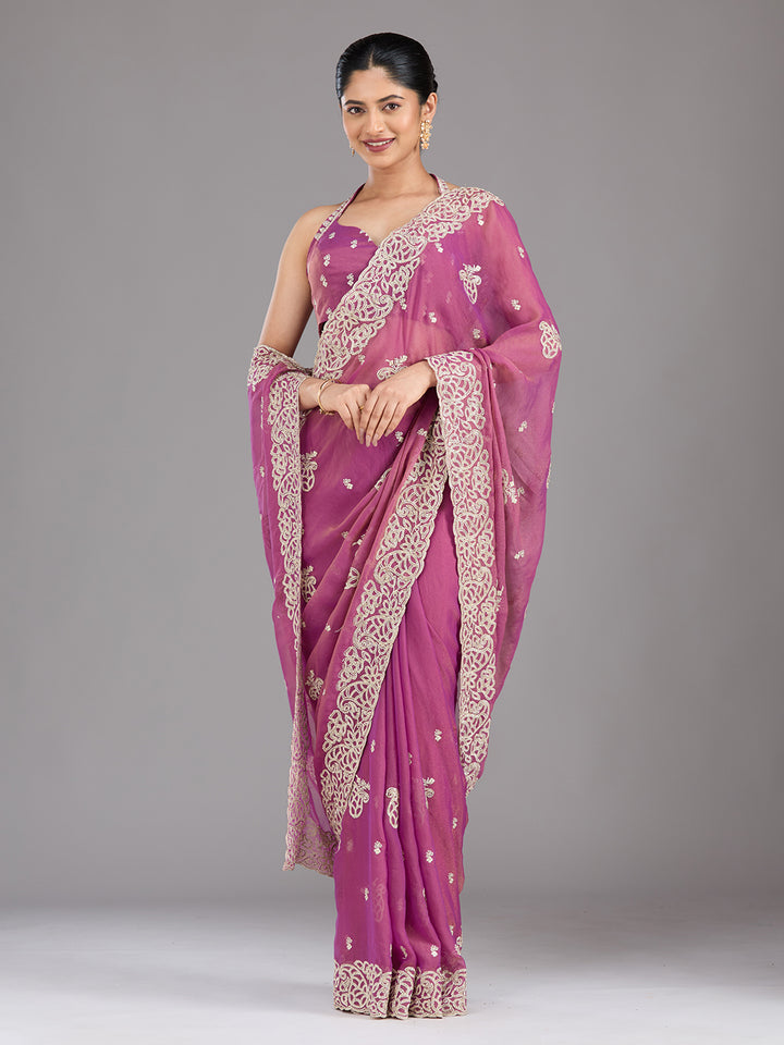 Wine Zariwork (Silver) Tissue Saree