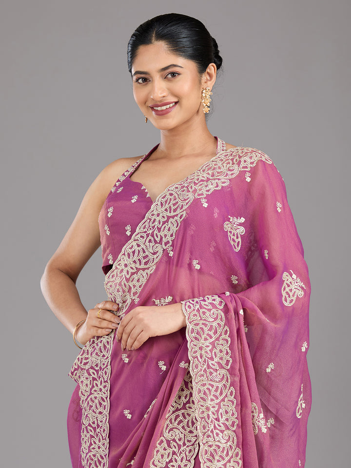 Wine Zariwork (Silver) Tissue Saree