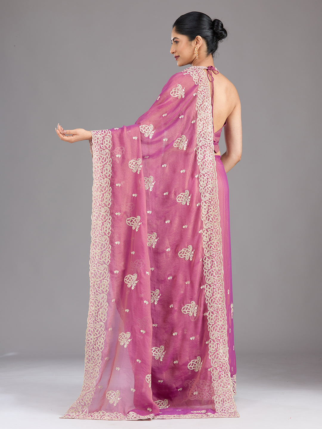 Wine Zariwork (Silver) Tissue Saree