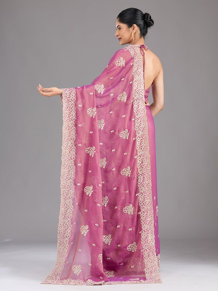 Wine Zariwork (Silver) Tissue Saree