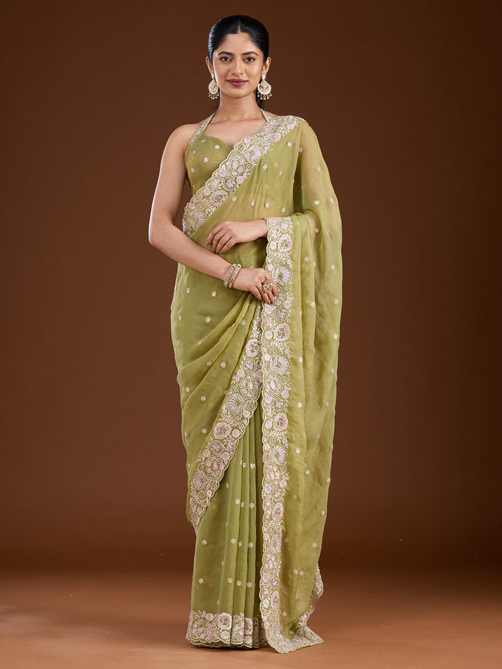 Pista Green Threadwork Tissue Saree