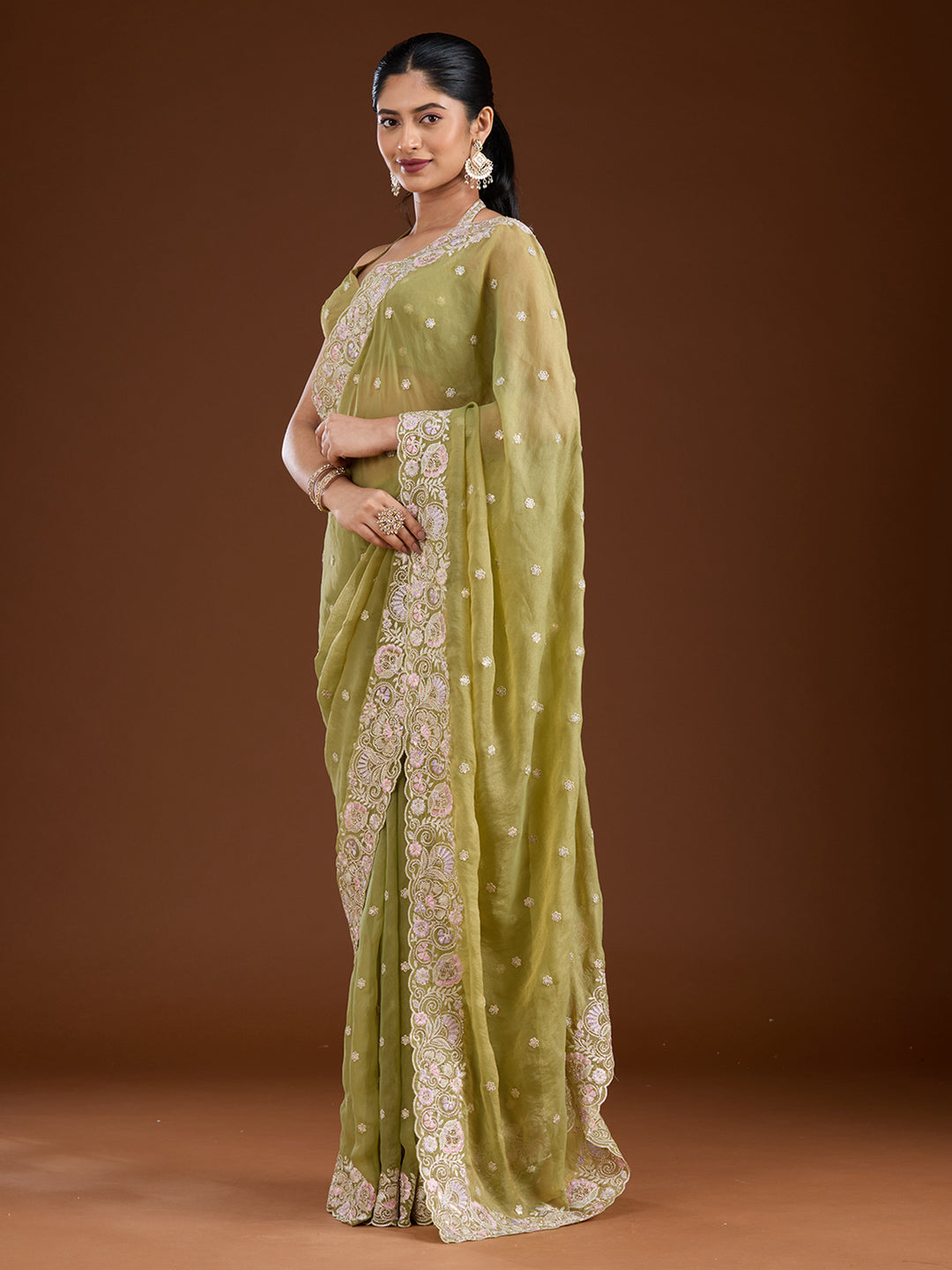 Pista Green Threadwork Tissue Saree