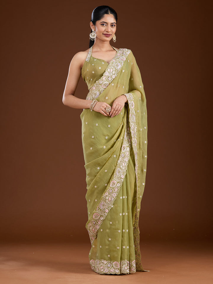 Pista Green Threadwork Tissue Saree