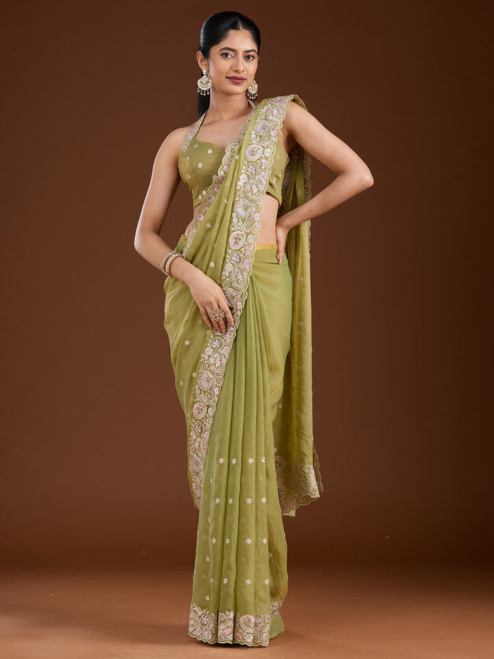 Pista Green Threadwork Tissue Saree